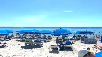 a beach with chairs and blue umbrellas and the ocean at Miami Beach Cozy 1B with Pool and Beach Service 1506 in Hallandale Beach