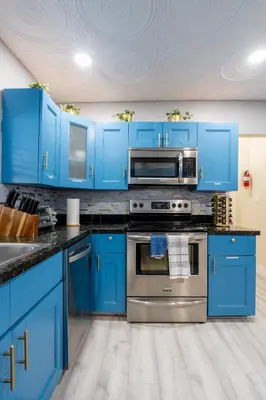 a blue kitchen with stainless steel appliances and blue cabinets at Renovated Sept 2024! Pool - Mini Golf - Volleyball in Joe Robbie Stadium Heliport