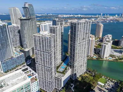 an aerial view of a city with tall buildings at Stunning Apartment at Icon with Bay Views-Pool-Gym-Spa in Miami