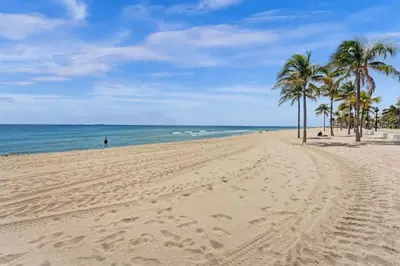 a sandy beach with palm trees and the ocean at 2102 Eden Collection 1BR Kitchen Steps to beach in Fort Lauderdale