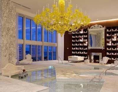 a large room with a large chandelier in a building at Luxury Unit W Residences Brickell in Miami