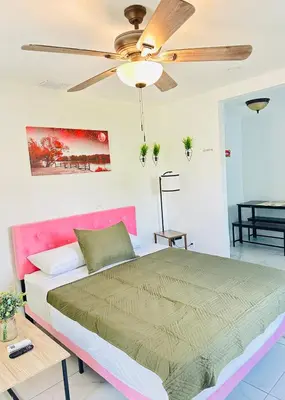 a bedroom with a bed and a ceiling fan at Spacious Studio heart Of Miami in Miami