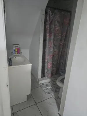 a bathroom with a toilet and a shower curtain at Land of the free in Miami