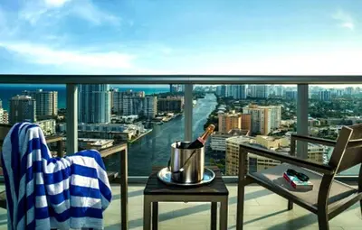 a balcony with a view of a city at Miami Beach 1B 1B Incredible View Apt with Kitchen in Hallandale Beach