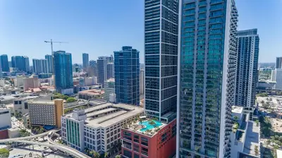 an overhead view of a city with tall buildings at Exquisite 2 Bedroom in the best location of Downtown Miami in Miami