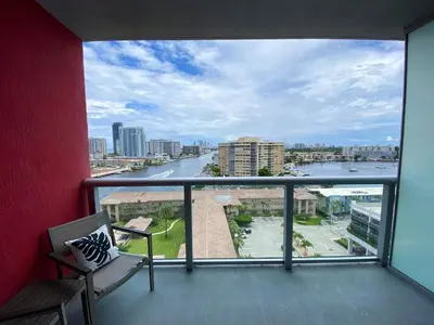 a balcony with a view of a river at Beautiful Studio in Hallandale with Beach & Pool in Hallandale Beach
