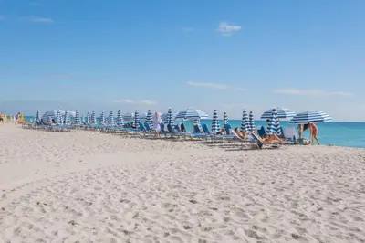 a group of chairs and umbrellas on a beach at Beautiful Studio in Hallandale with Beach & Pool in Hallandale Beach