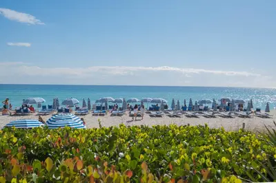 a beach with chairs and umbrellas and the ocean at Amazing Studio Cozy at the Beach close to Mall in Hallandale Beach