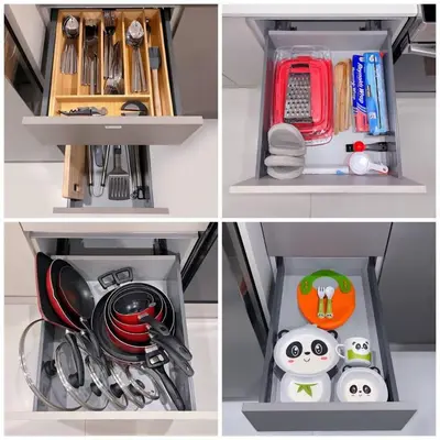 four different views of a kitchen drawer with utensils at 2BR, Families, Pets, Medical Stays, Hot Tub in Miami
