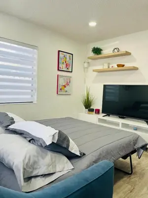 a bedroom with a large bed and a tv at Sanctuary Retreat Florida HardRock in Hollywood