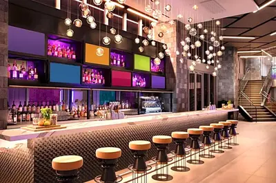 a bar in a restaurant with stools at Modern Comfort by the Beautiful Bay in Miami