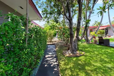 a garden with a tree and a sidewalk at Hollywood 1BR Studio: Pets Allowed, BBQ & Parking in Hollywood