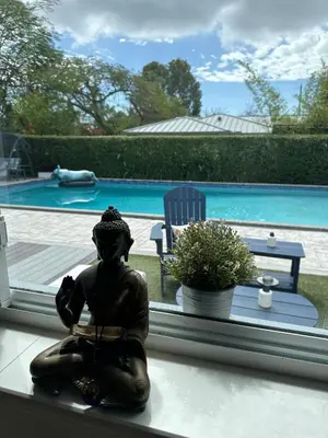 a statue sitting on a window sill next to a pool at Charming two Bedroom in the Gables For Rent in Miami