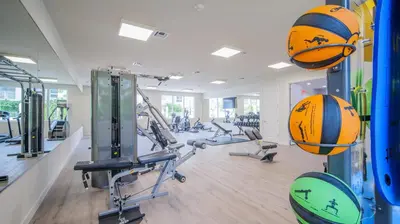 a gym with two basketballs hanging from the ceiling at Beachside Bliss, 1BR Condo with Pool at Dania Beach in Dania Beach