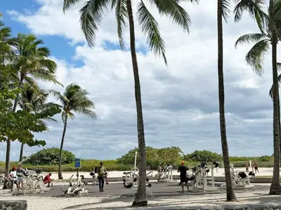 a group of people walking around a park with palm trees at South Beach South of Fifth 1 Bedroom Apartment Steps to Beach Sleeps 5 Pet Friendly in Miami Beach