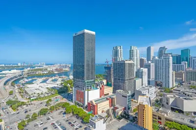 an aerial view of a city with skyscrapers at Bright and Breezy 1 Bed Unit With Water and City Views in Miami
