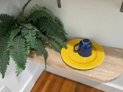 a yellow plate and a blue cup on a wooden shelf at Tropical Paradise in Miracle Mile with Parking in Miami