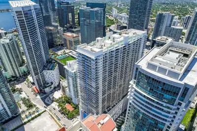 an aerial view of a city with tall buildings at City-View Retreat in Brickell 2BR and Free Parking in Miami