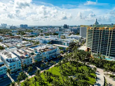 an aerial view of a city with tall buildings at Penthouse with Private Rooftop in Miami Beach