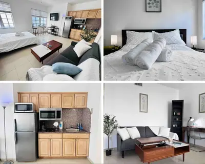 three different views of a bedroom and a living room at Right on the beach, Ocean Drive Secured Condo in Miami Beach