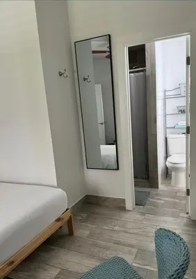 a bedroom with a bed and a mirror at Avocado House in Miami