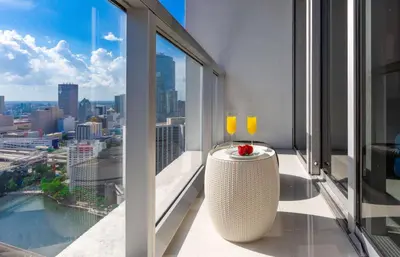 a balcony with a view of a city skyline at MVR - Stylish Escape in Icon Brickell in Miami