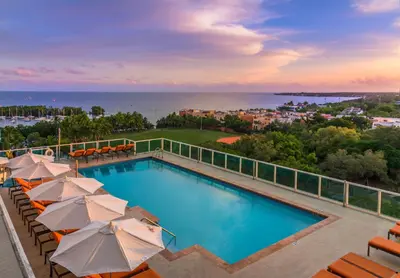a swimming pool with umbrellas and the ocean at MVR - Coconut Grove-s Oasis of Comfort and Elegance in Miami