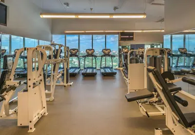 a gym with rows of tread machines and windows at MVR-Tired of Hotels This Stay Breaks the Mold in Miami