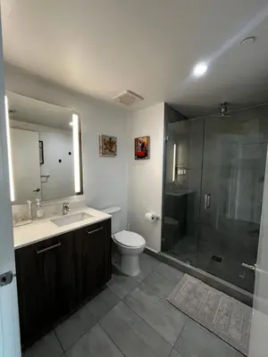 a bathroom with a shower and a toilet and a sink at Luxury Studio in Miami
