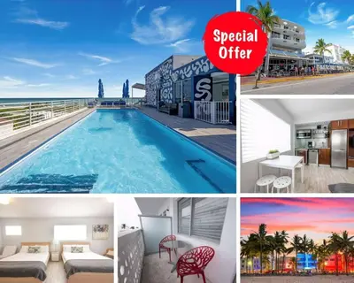 a collage of photos of a hotel with a swimming pool at Ocean Drive Studio Roof top Pool and Bar in Miami Beach