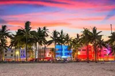 a beach with palm trees and a building with a sunset at Ocean Drive 1BDR Rooftop Pool with cabanas in Miami Beach