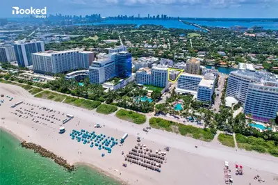an aerial view of a beach and buildings at South Beach Luxury, 2 Bedroom, Across from Beach in Miami Beach