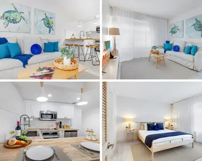 three different views of a living room and a bedroom at Spacious Apt 2 Blocks to Beach and Collins Park in Miami Beach