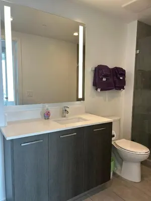 a bathroom with a sink and a toilet and a mirror at Downtown Miami Luxury Condo apartment in Miami