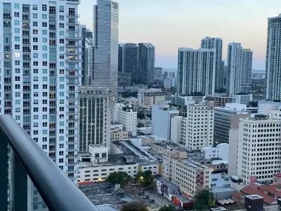 an aerial view of a city with tall buildings at Downtown Miami Luxury Condo apartment in Miami