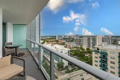 a balcony with a view of a city at Relaxing Beach Escape with Scenic Views in Hollywood