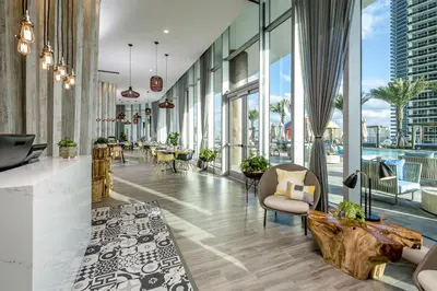a lobby with a view of the city at Relaxing Beach Escape with Scenic Views in Hollywood