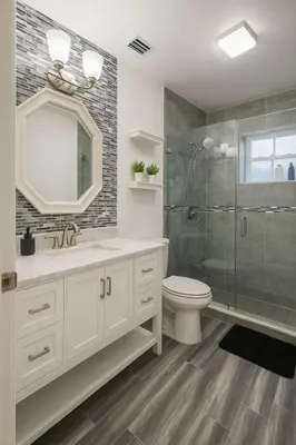a bathroom with a shower and a toilet and a sink at Casa Rosa Wynwood in Miami