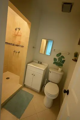 a bathroom with a toilet and a shower at Casa Rosa Wynwood in Miami