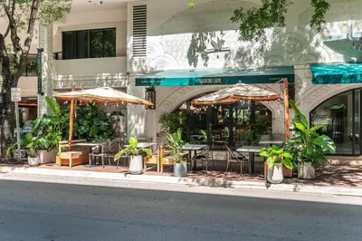 a restaurant with tables and chairs and umbrellas on a street at Bright 1BR in Coconut Grove King Bed Views Pool and Parking in Miami