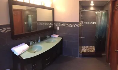a bathroom with a sink and a mirror and a shower at The Miami Tropic Suite - Private Stay with Free Parking in the Heart of Miami in Miami
