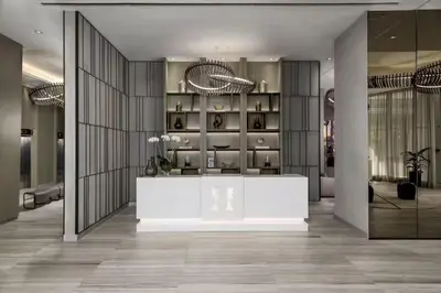 a lobby with a white counter in a building at Luxury Corner Apartment in Hollywood Beach in Hollywood