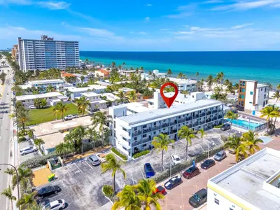 an aerial view of a resort with a red marker on it at Amazing 1bed on Hollywood Beach Boardwalk W Pool in Hollywood