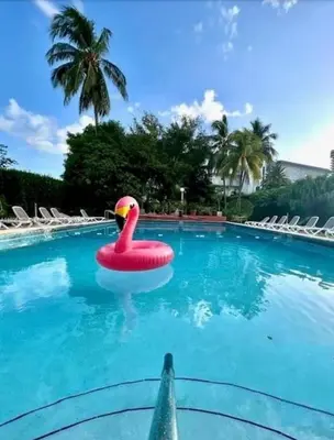 a swimming pool with a red swan in the water at Tropical South Beach Condo - Pool & Miami Beach Vibes in Miami Beach