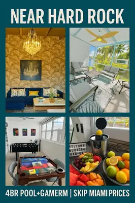 a collage of four pictures of a living room at 4bdrm Waterfront salt water Pool home with Outdoor theater Game Rm Make up vanities in every room Perfect for Game days and concerts trips to Miami Hard rock stadium and hotel 15 mins away in Miramar