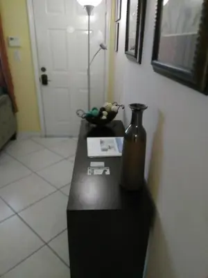 a black counter with a vase on top of it at Charming Kendall Home in Kendall
