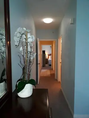 a hallway with a vase with white flowers on a table at Charming Kendall Home in Kendall