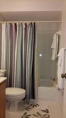 a bathroom with a shower curtain and a toilet at Charming Kendall Home in Kendall