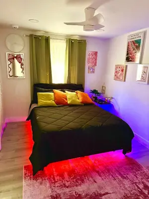 a bedroom with a black bed with colorful pillows at Serene 3-Bedroom renovated house with AC in Fort Lauderdale in Fort Lauderdale