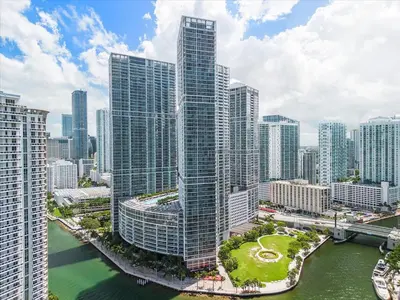 an aerial view of a city with tall buildings at W hotel High end ocean view 2 bedroom at icon brickell in Miami